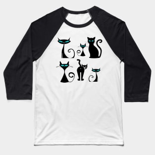 Crazy Cats Pattern in Black Baseball T-Shirt